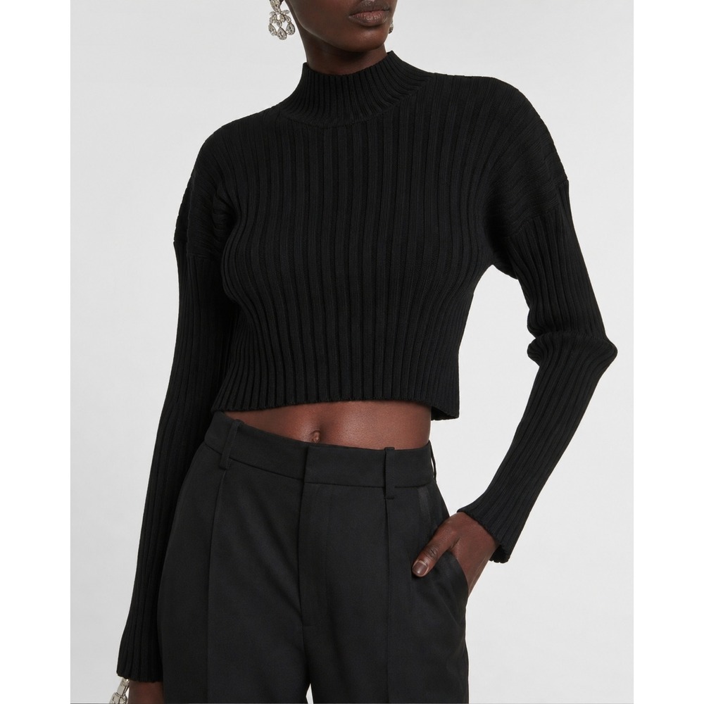 Wolford Mega Rib Wool Blend Cropped Mock Neck Sweater Black XS